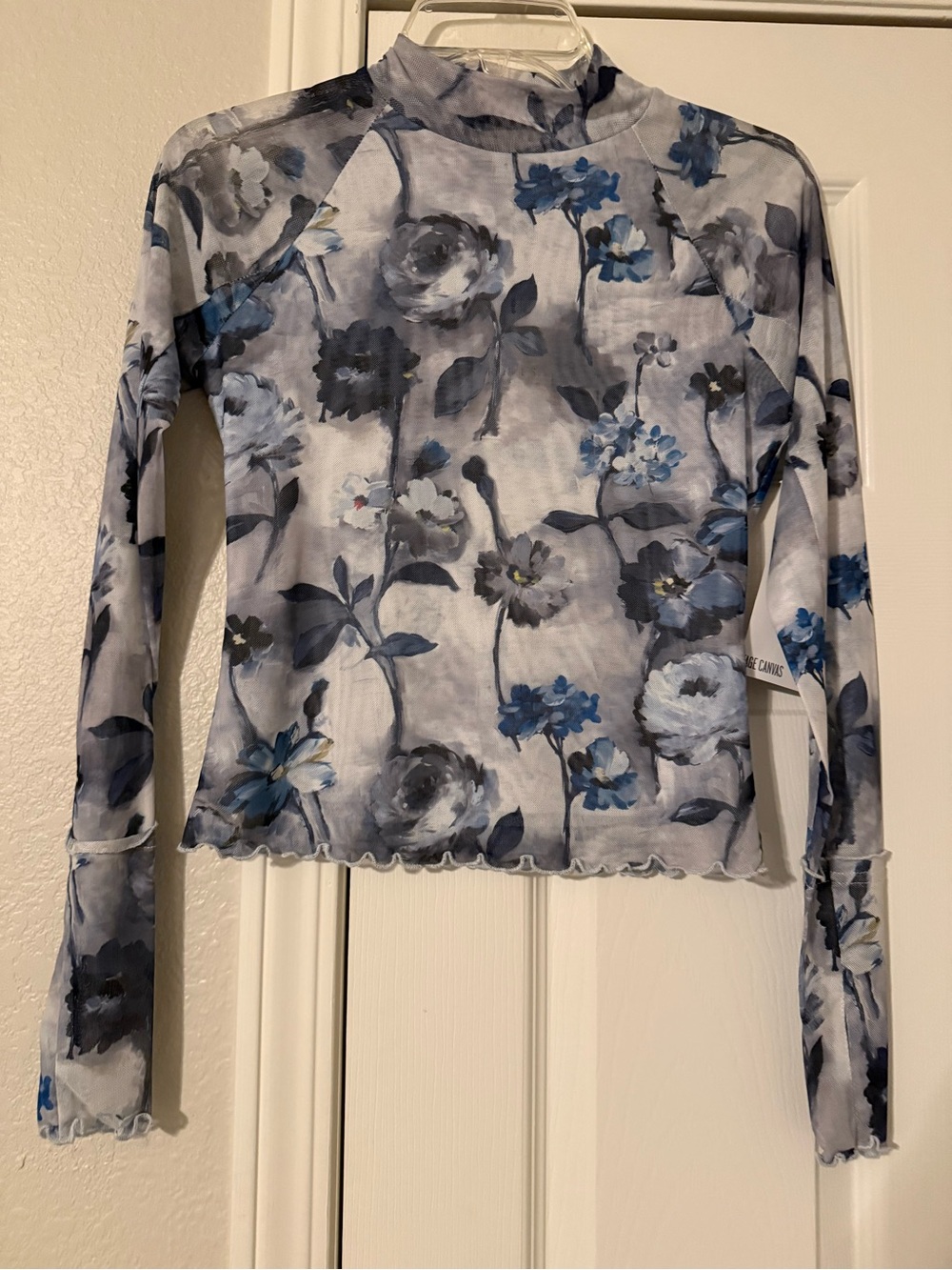 Promesa Blue and Gray Floral Long-Sleeve Mock Neck Top